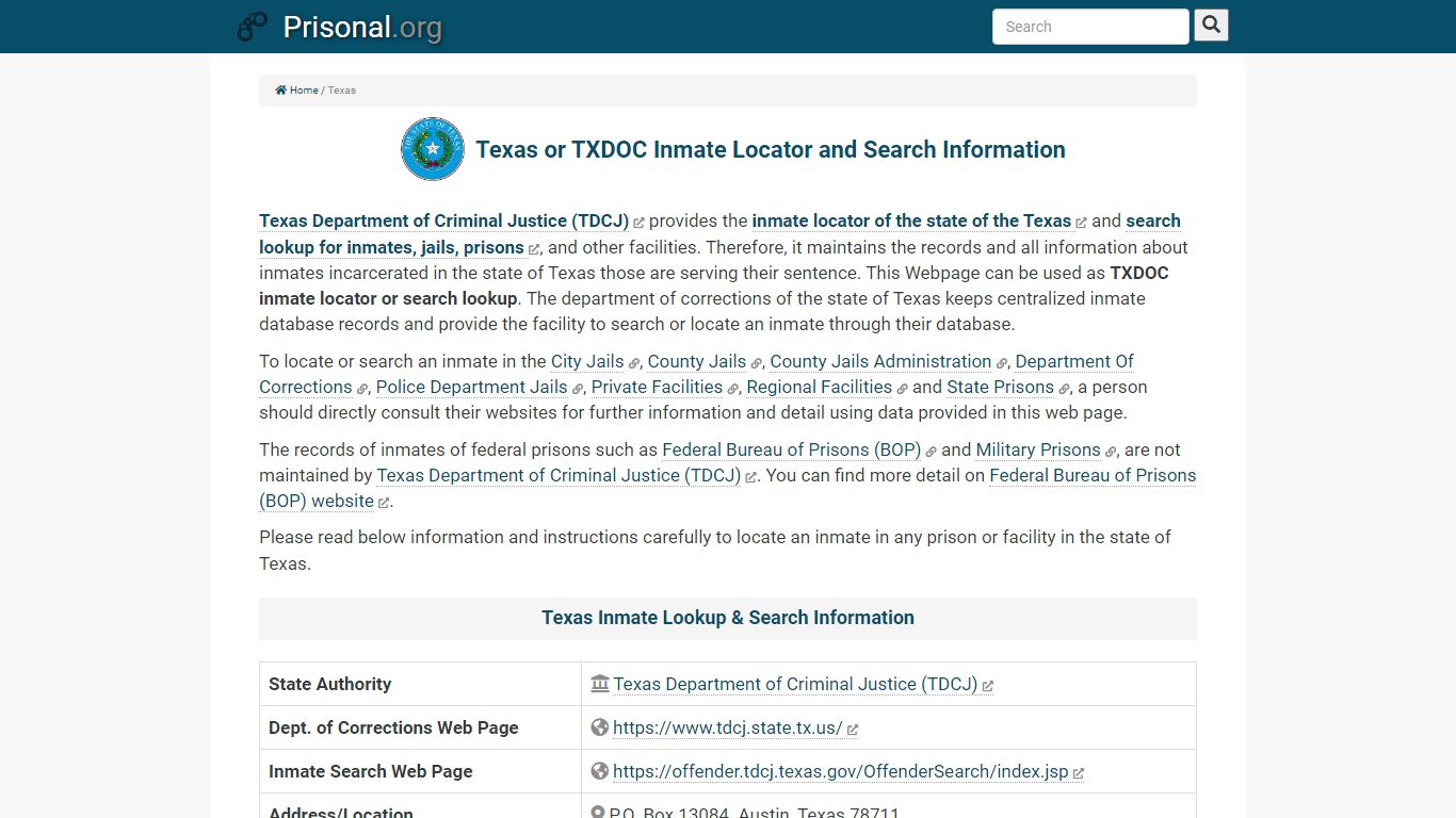 Texas or TXDOC Inmate Locator and Search Information - Prisonal.org